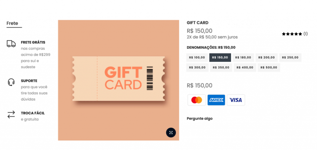 Exemplo de compra de Gift Card em e-commerce
