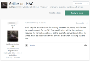 Publicação em um fórum em que foi oferecido 50 mil dólares para desenvolver um novo stealer de MacOS
