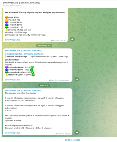 Grupo Newredline comercializando Stealer no Telegram